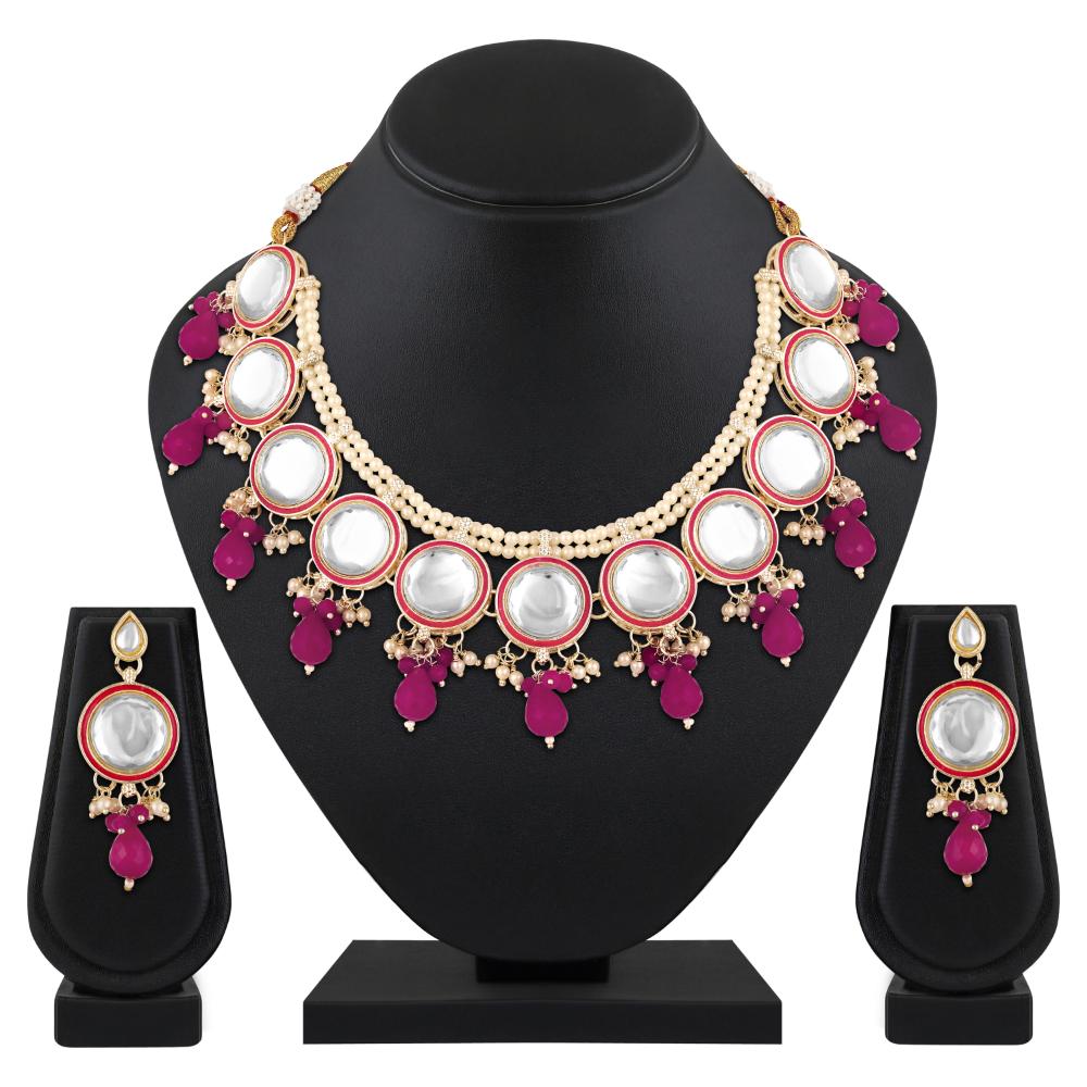 Mahi Traditional Necklace Set Adjustale Finger Ring with Red Kundan & Crystals for Women (VNCJ4026)