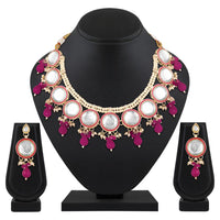 Mahi Traditional Necklace Set Adjustale Finger Ring with Red Kundan & Crystals for Women (VNCJ4026)
