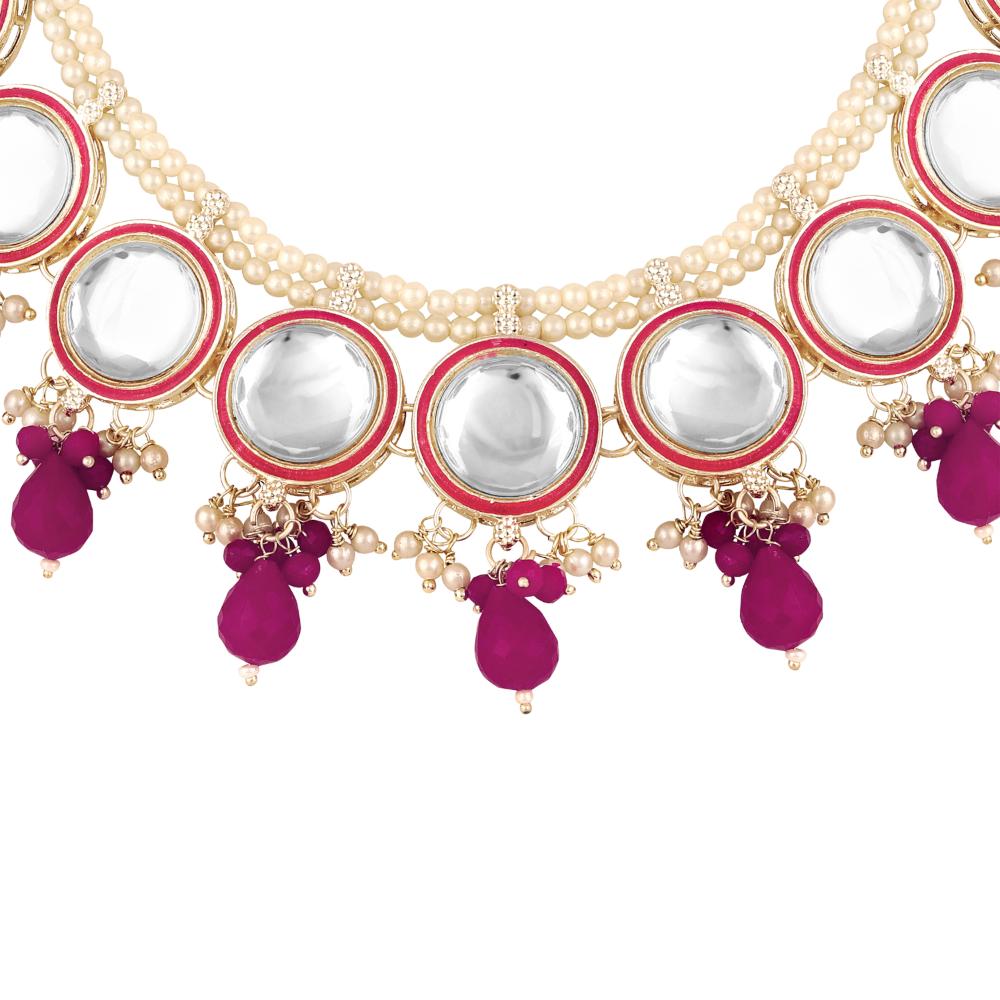 Mahi Traditional Necklace Set Adjustale Finger Ring with Red Kundan & Crystals for Women (VNCJ4026)