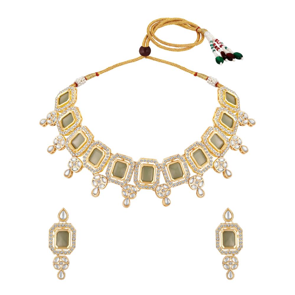 Mahi Traditional Necklace Set Adjustale Finger Ring with Green Kundan & Crystals for Women (VNCJ4029)