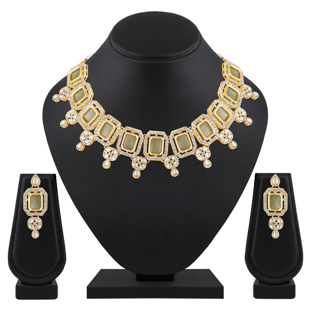 Mahi Traditional Necklace Set Adjustale Finger Ring with Green Kundan & Crystals for Women (VNCJ4029)