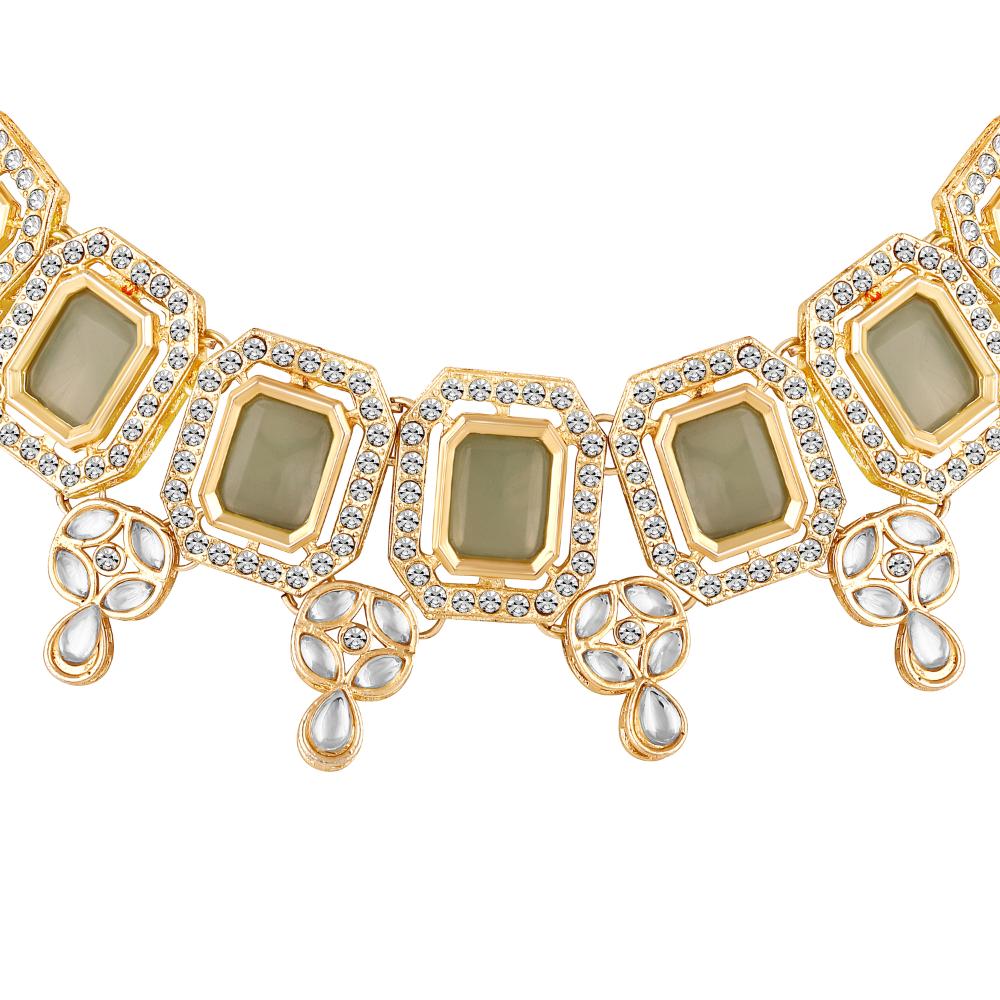Mahi Traditional Necklace Set Adjustale Finger Ring with Green Kundan & Crystals for Women (VNCJ4029)