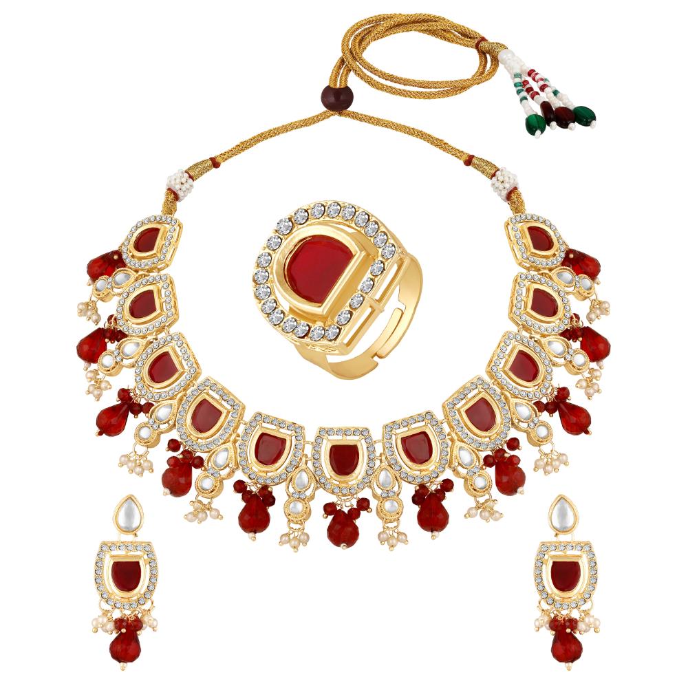 Mahi Traditional Necklace Set Adjustale Finger Ring with Red Kundan & Crystals for Women (VNCJ4031)