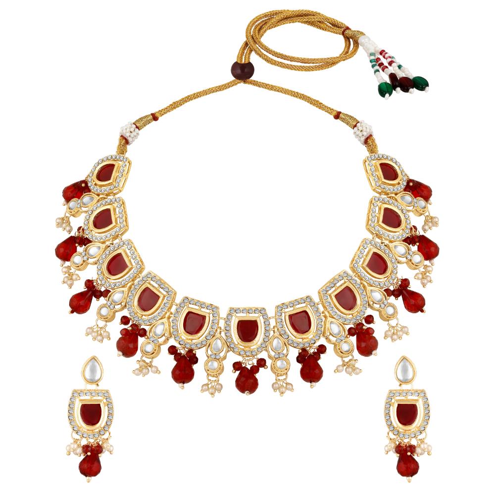 Mahi Traditional Necklace Set Adjustale Finger Ring with Red Kundan & Crystals for Women (VNCJ4031)