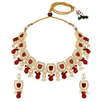 Mahi Traditional Necklace Set Adjustale Finger Ring with Red Kundan & Crystals for Women (VNCJ4031)