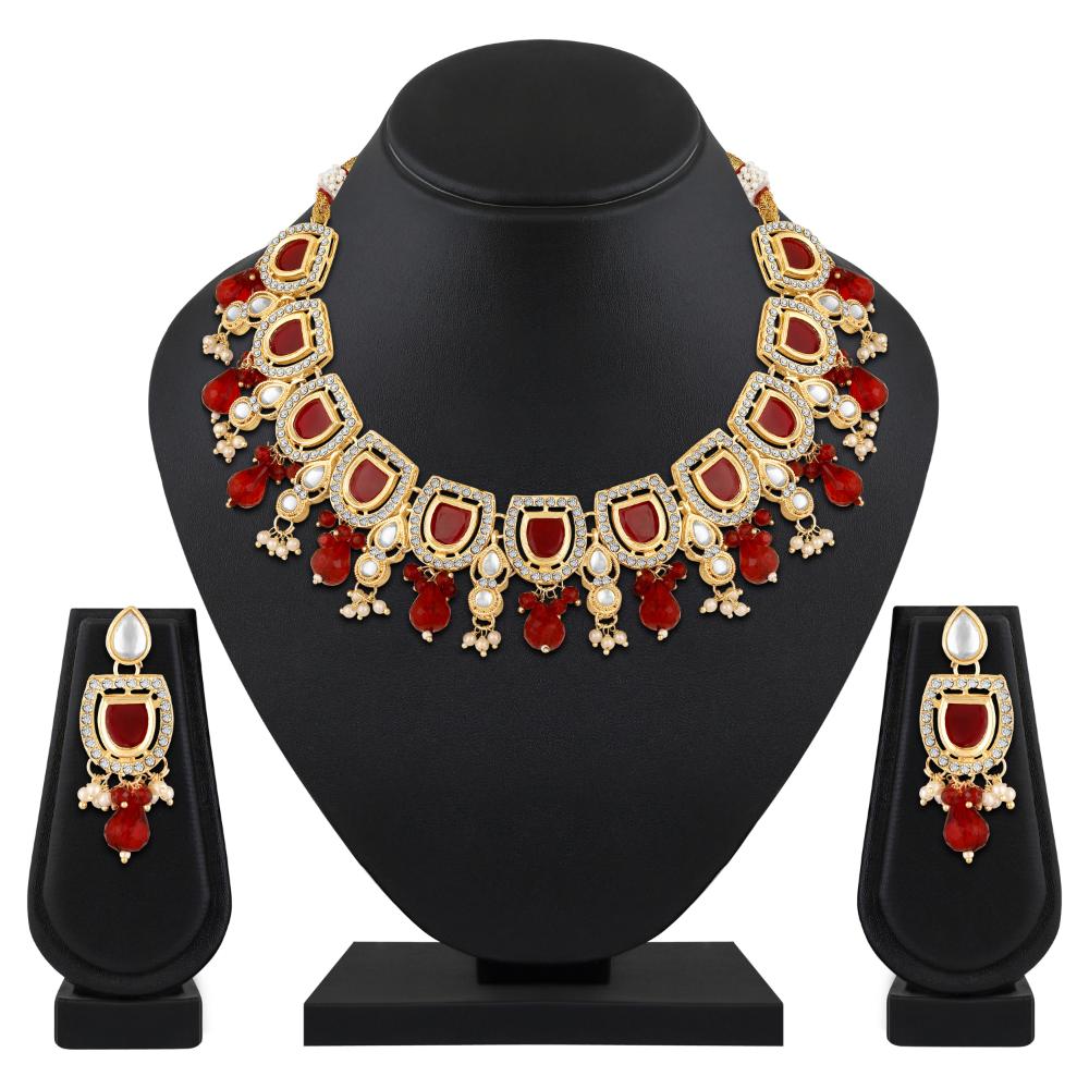 Mahi Traditional Necklace Set Adjustale Finger Ring with Red Kundan & Crystals for Women (VNCJ4031)