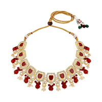 Mahi Traditional Necklace Set Adjustale Finger Ring with Red Kundan & Crystals for Women (VNCJ4031)