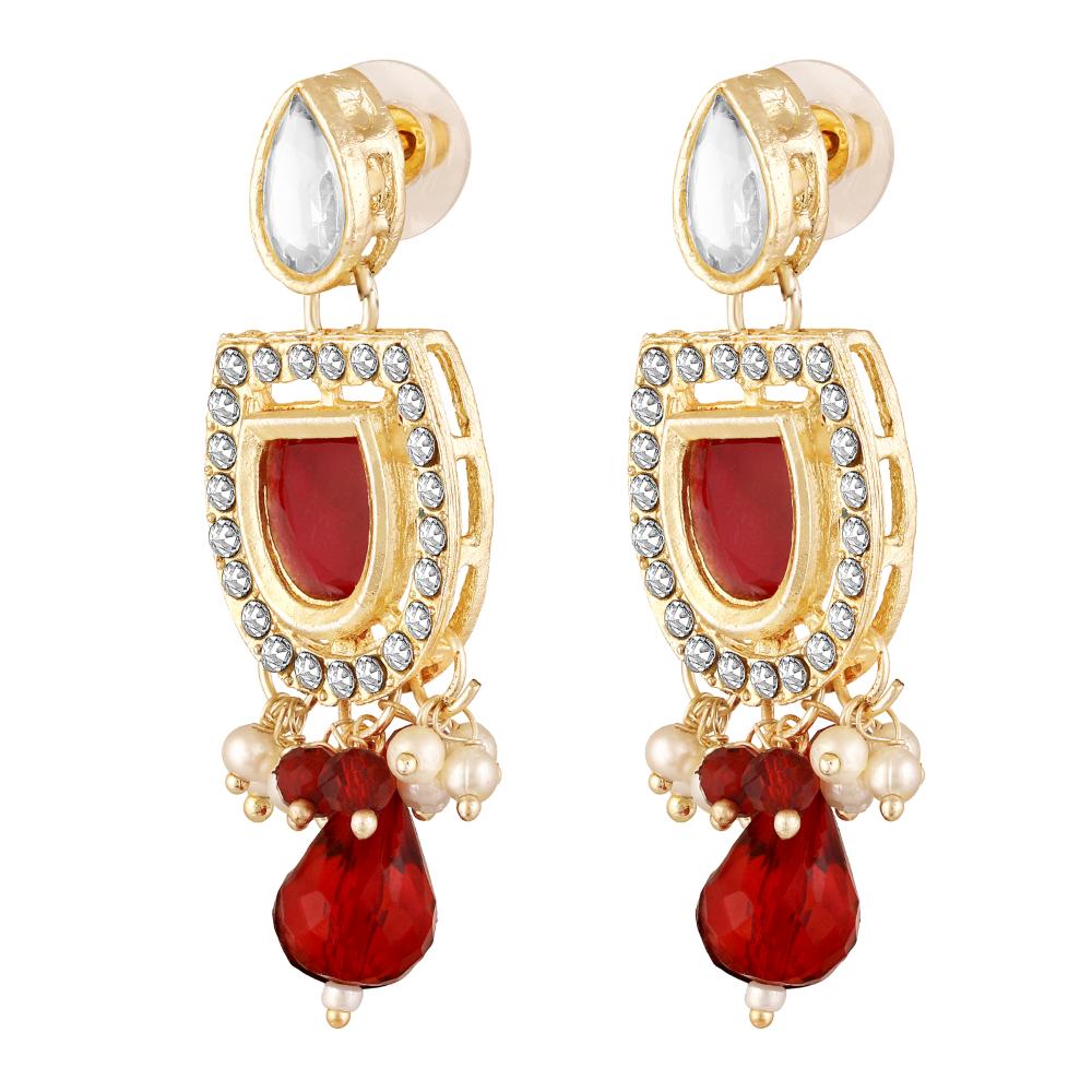 Mahi Traditional Necklace Set Adjustale Finger Ring with Red Kundan & Crystals for Women (VNCJ4031)