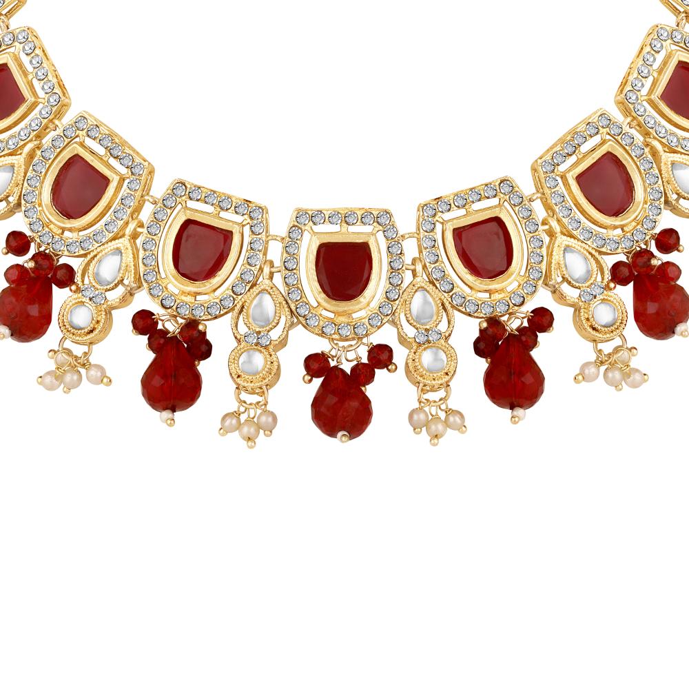 Mahi Traditional Necklace Set Adjustale Finger Ring with Red Kundan & Crystals for Women (VNCJ4031)