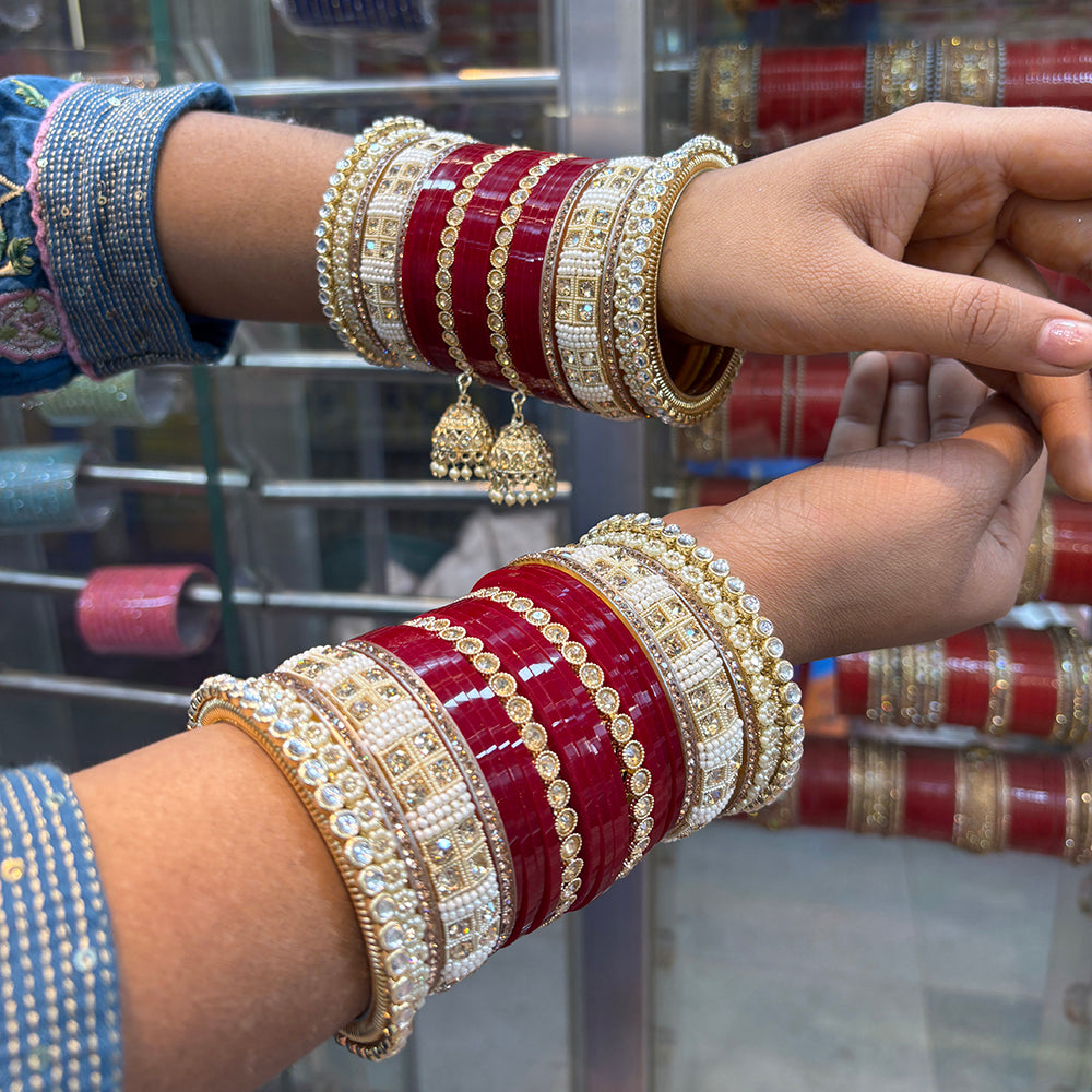 Wedding Chura Gold Plated Crystal And Pearl Bridal Bangles Set