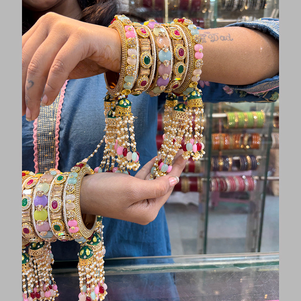 Wedding Chura Gold Plated Crystal And Pearl Bridal Bangles Set