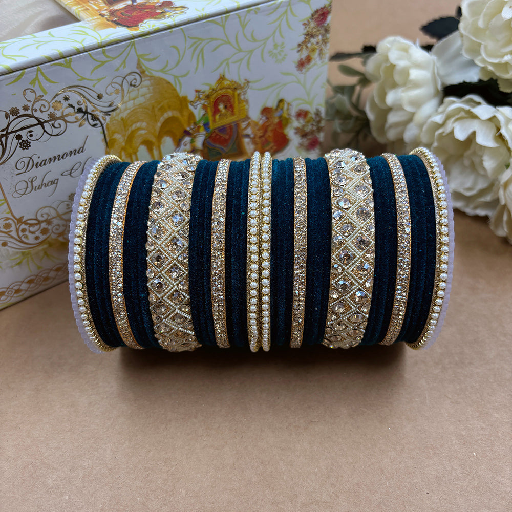 Wedding Chuda Gold Plated Austrian Stone And Velvet Bridal Bangles Set