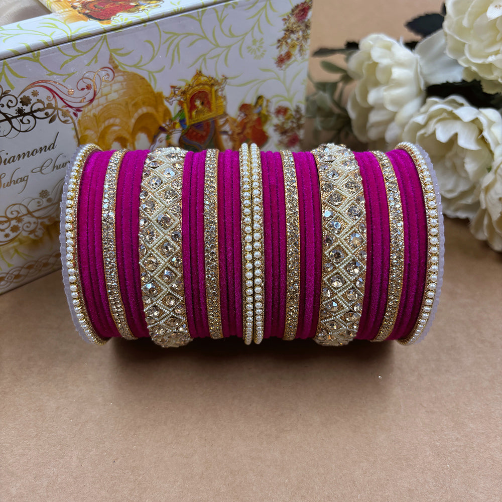 Wedding Chuda Gold Plated Austrian Stone And Velvet Bridal Bangles Set