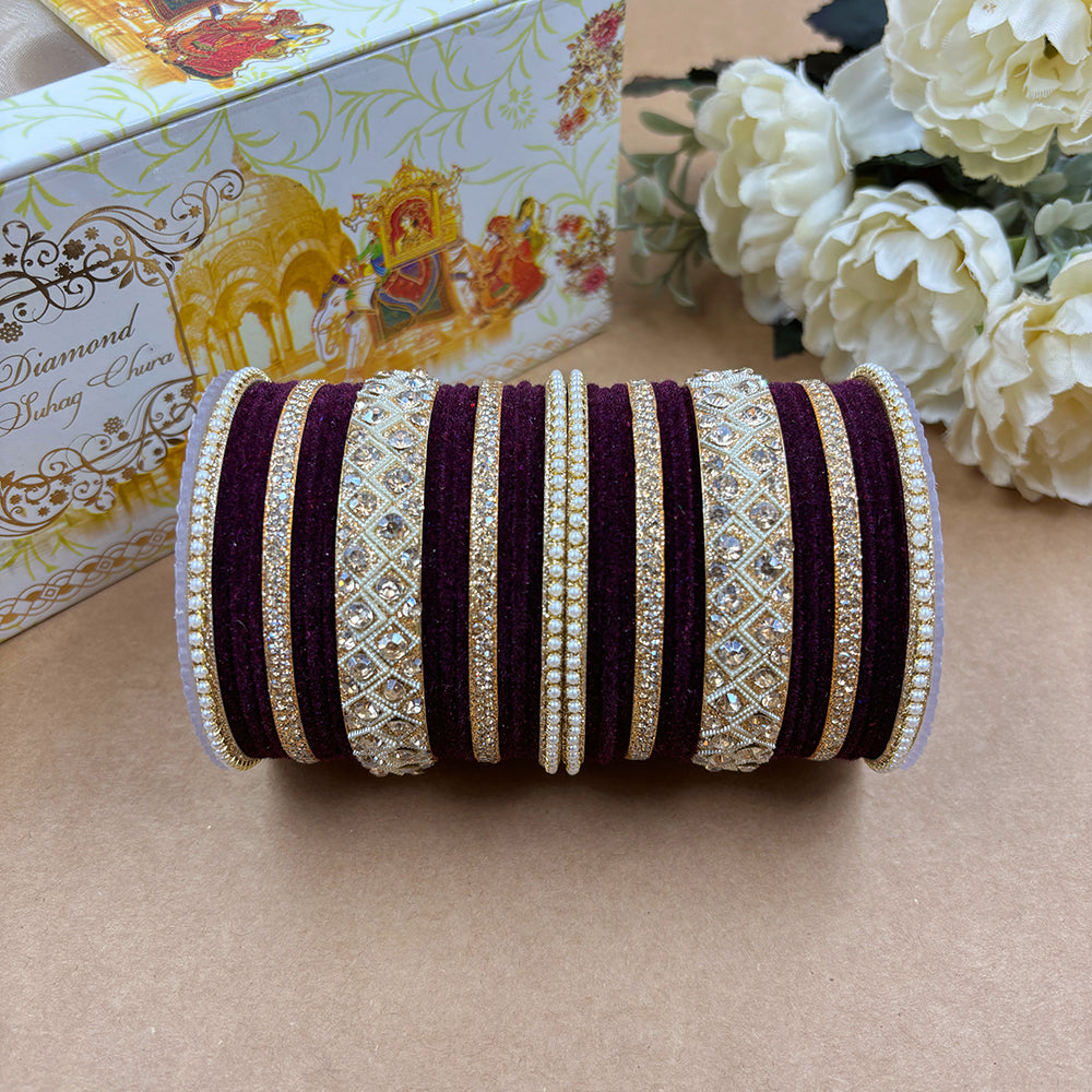 Wedding Chuda Gold Plated Austrian Stone And Velvet Bridal Bangles Set