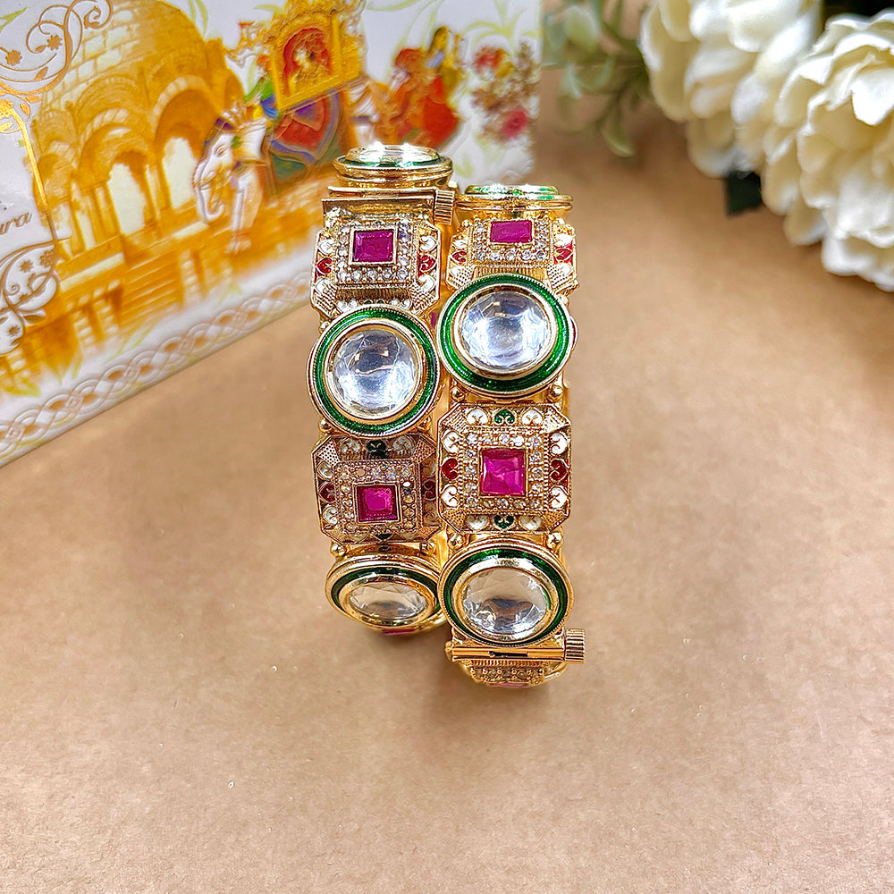 Wedding Chuda Gold Plated Pota Stone And Meenakari Openable Bangles Set