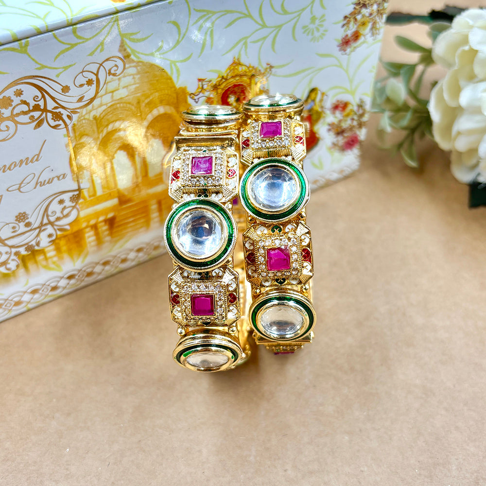 Wedding Chuda Gold Plated Pota Stone And Meenakari Openable Bangles Set