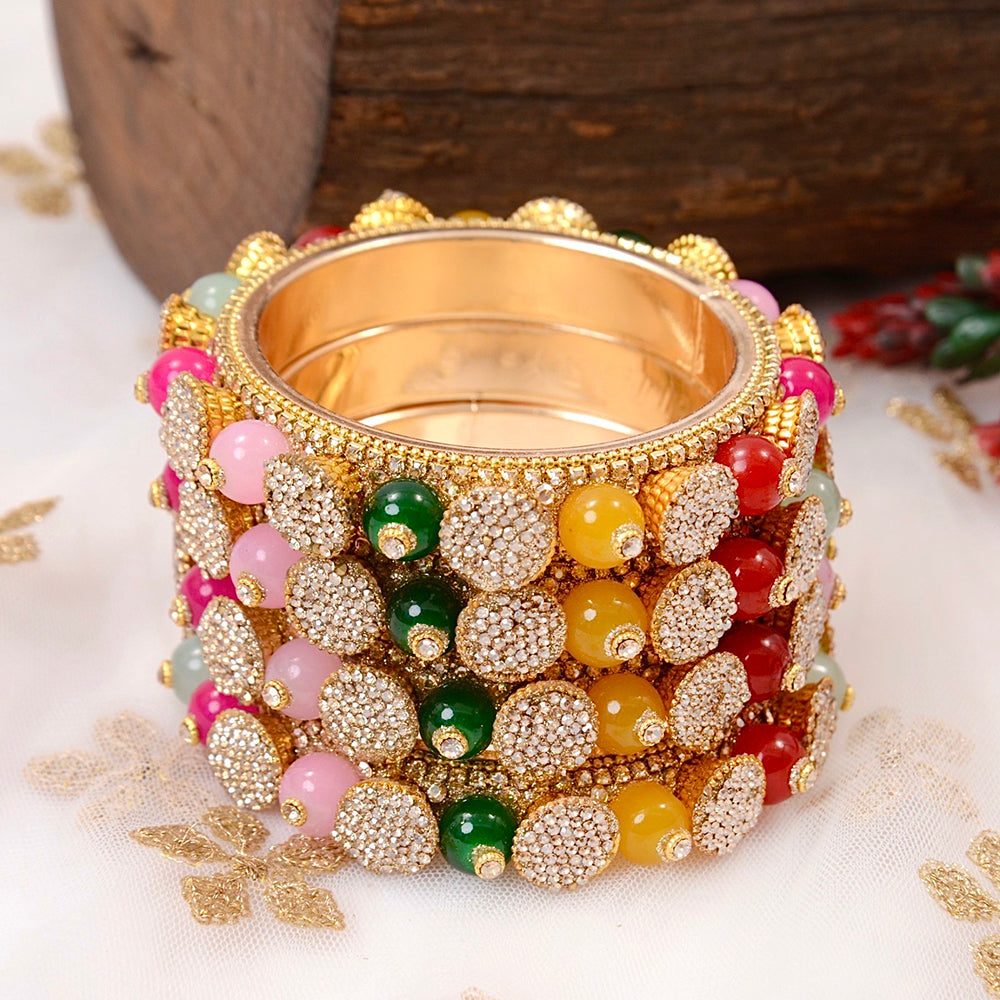 Wedding Chuda Gold Plated  Austrian Stone And Pearl Bangles Set