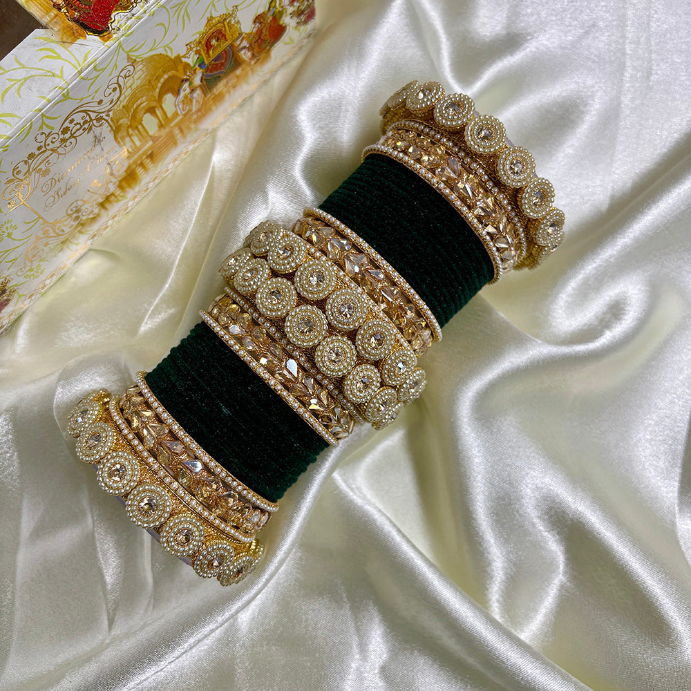 Wedding Chuda Gold Plated Crystal And Austrian Stone Pearl Velvet Bangles Set