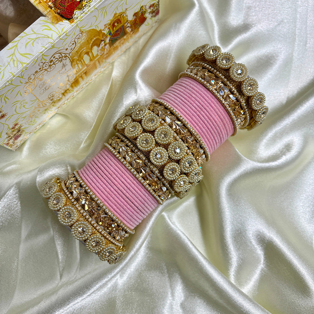 Wedding Chuda Gold Plated Crystal And Austrian Stone Pearl Velvet Bangles Set