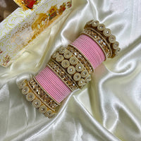 Wedding Chuda Gold Plated Crystal And Austrian Stone Pearl Velvet Bangles Set