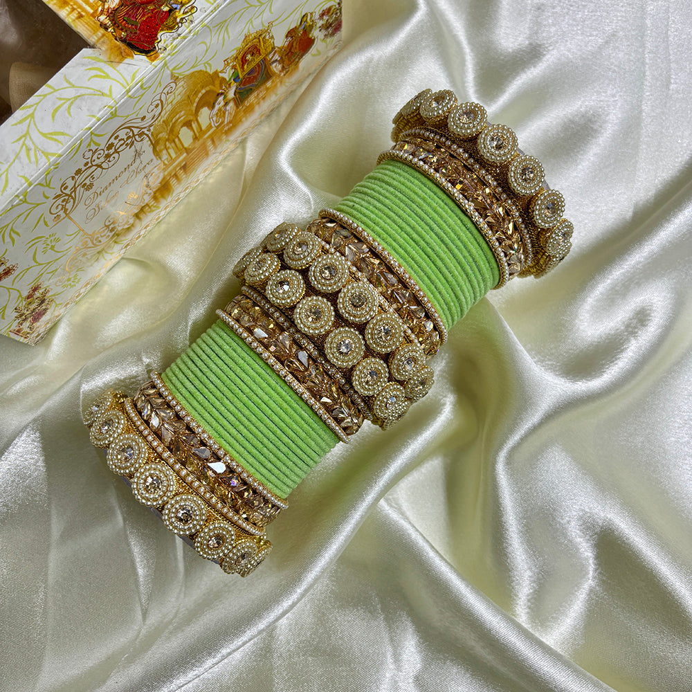 Wedding Chuda Gold Plated Crystal And Austrian Stone Pearl Velvet Bangles Set