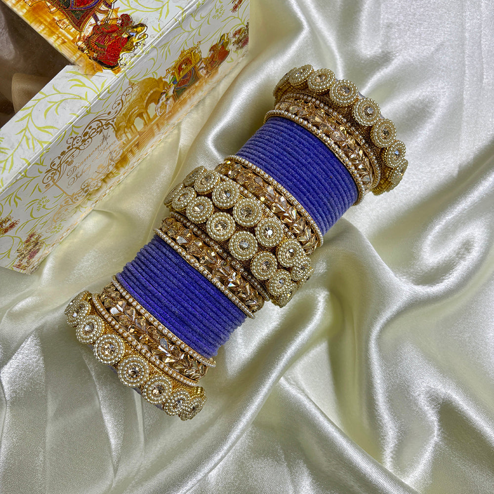 Wedding Chuda Gold Plated Crystal And Austrian Stone Pearl Velvet Bangles Set