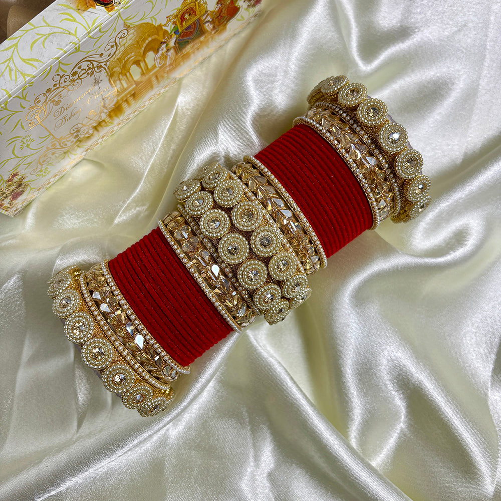 Wedding Chuda Gold Plated Crystal And Austrian Stone Pearl Velvet Bangles Set