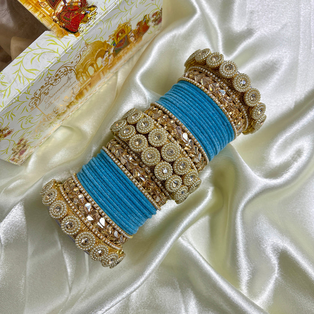Wedding Chuda Gold Plated Crystal And Austrian Stone Pearl Velvet Bangles Set