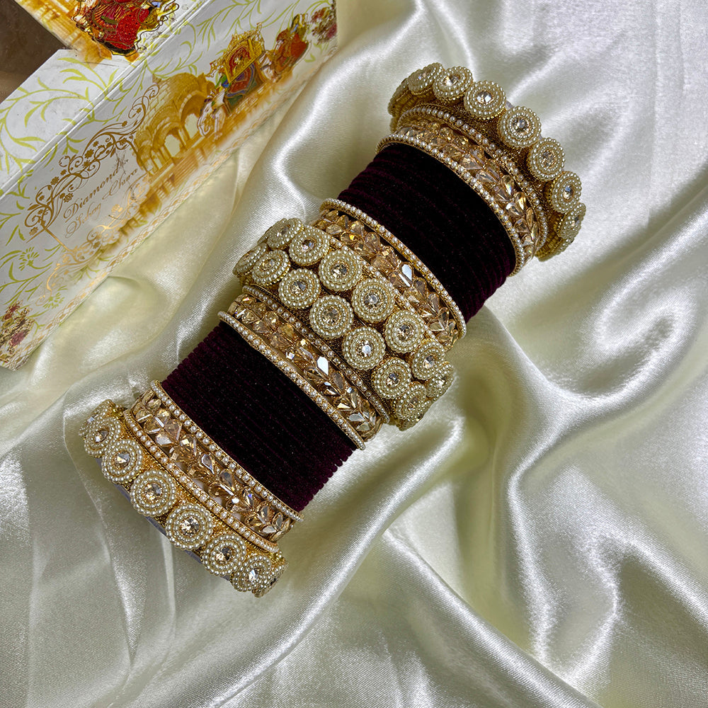 Wedding Chuda Gold Plated Crystal And Austrian Stone Pearl Velvet Bangles Set