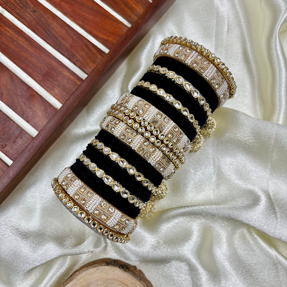 Wedding Chuda Gold Plated Kundan Stone And Pearl Velvet Bangles Set