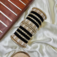 Wedding Chuda Gold Plated Kundan Stone And Pearl Velvet Bangles Set