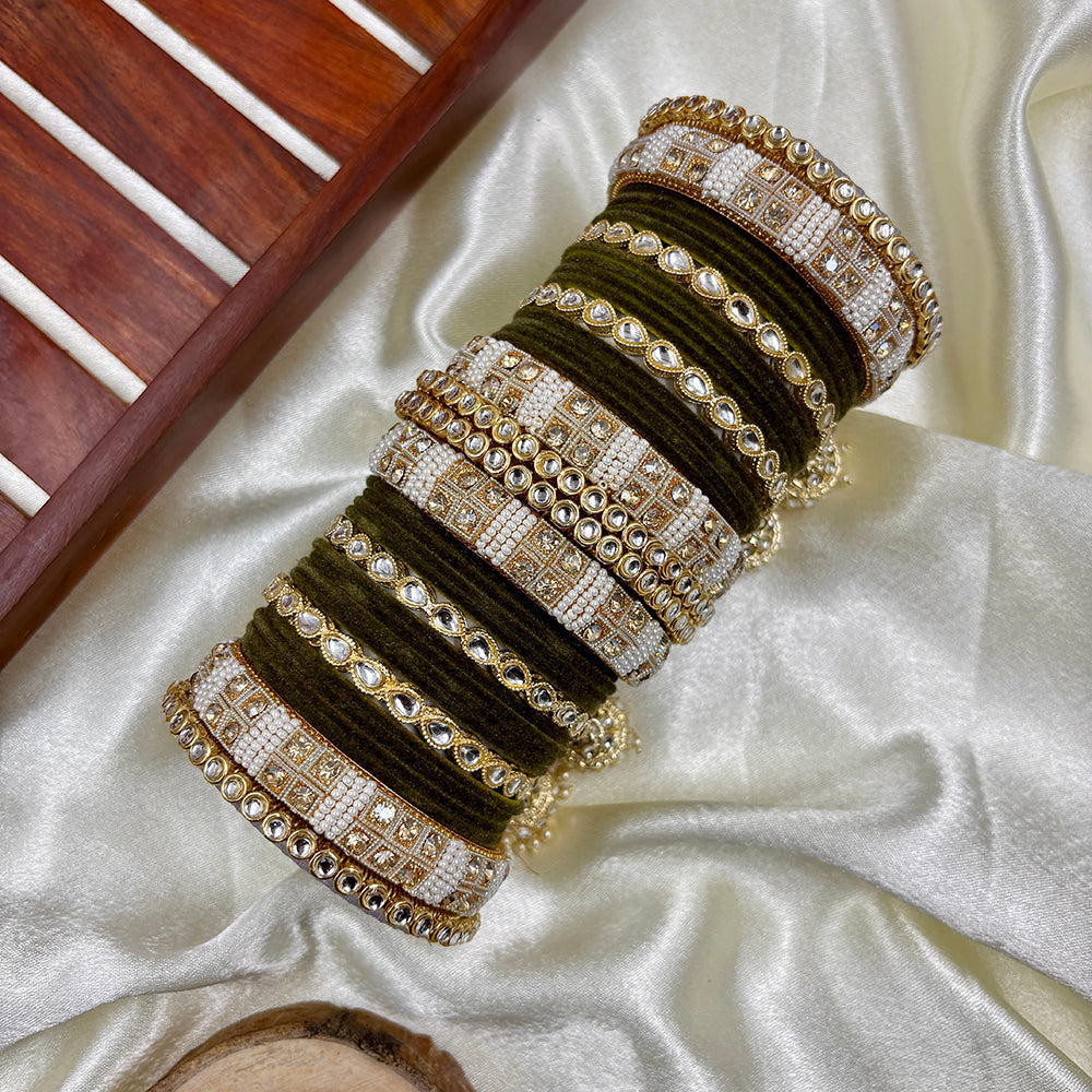 Wedding Chuda Gold Plated Kundan Stone And Pearl Velvet Bangles Set
