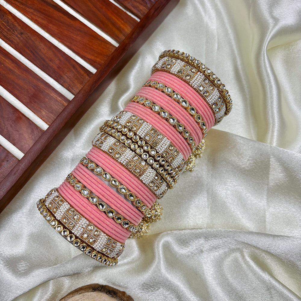 Wedding Chuda Gold Plated Kundan Stone And Pearl Velvet Bangles Set