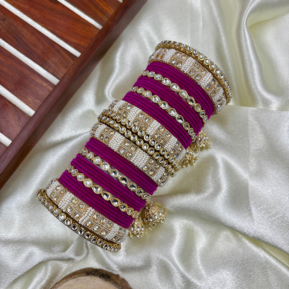 Wedding Chuda Gold Plated Kundan Stone And Pearl Velvet Bangles Set