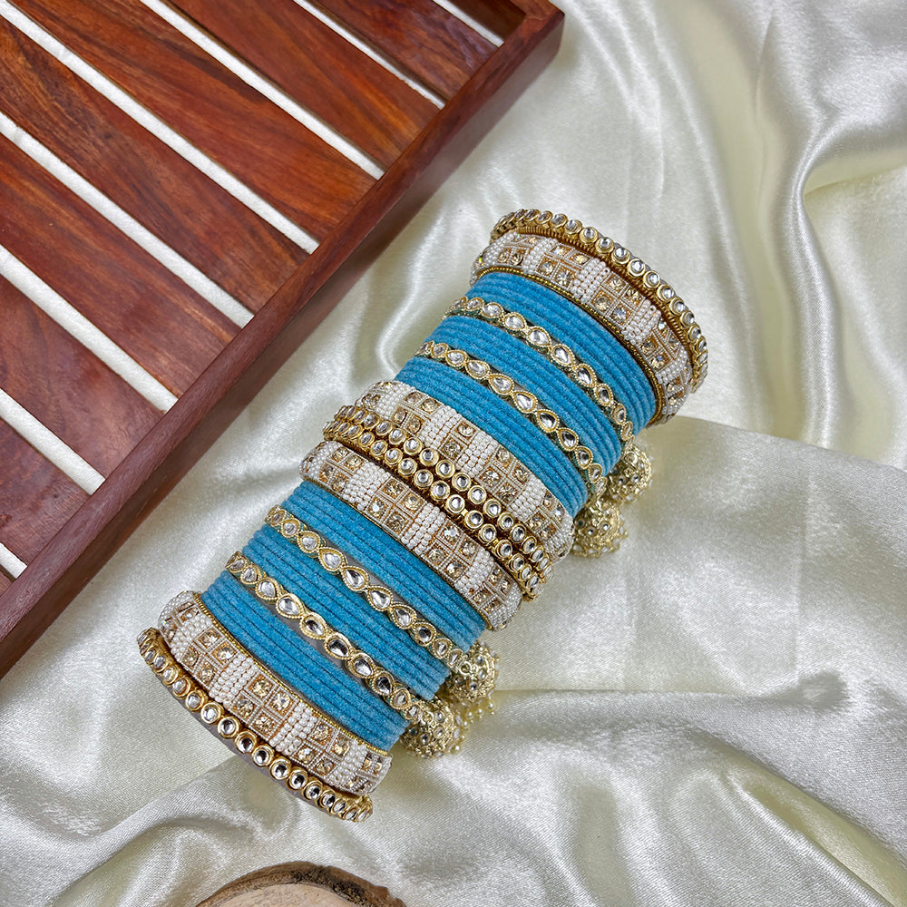 Wedding Chuda Gold Plated Kundan Stone And Pearl Velvet Bangles Set