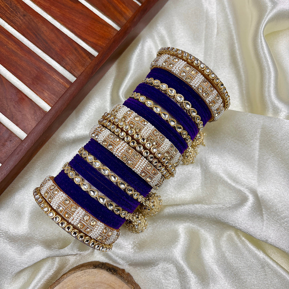Wedding Chuda Gold Plated Kundan Stone And Pearl Velvet Bangles Set