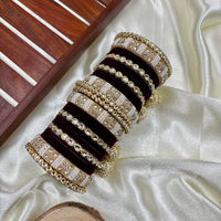 Wedding Chuda Gold Plated Kundan Stone And Pearl Velvet Bangles Set