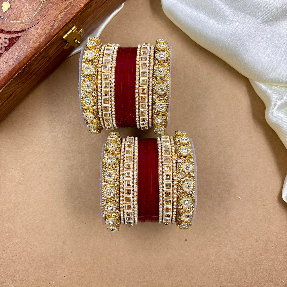 Wedding Chura Gold Plated Crystal Stone And Pearl Acrylic Bangles Set