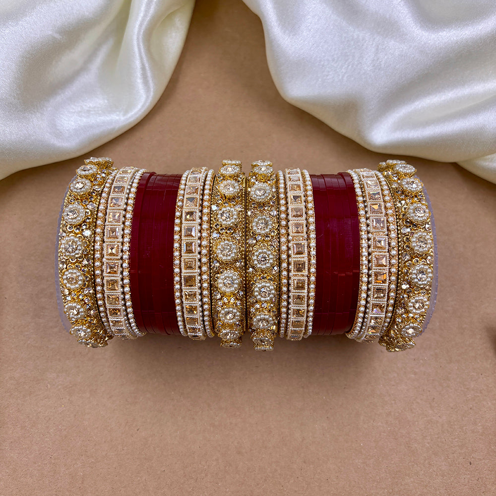 Wedding Chura Gold Plated Crystal Stone And Pearl Acrylic Bangles Set