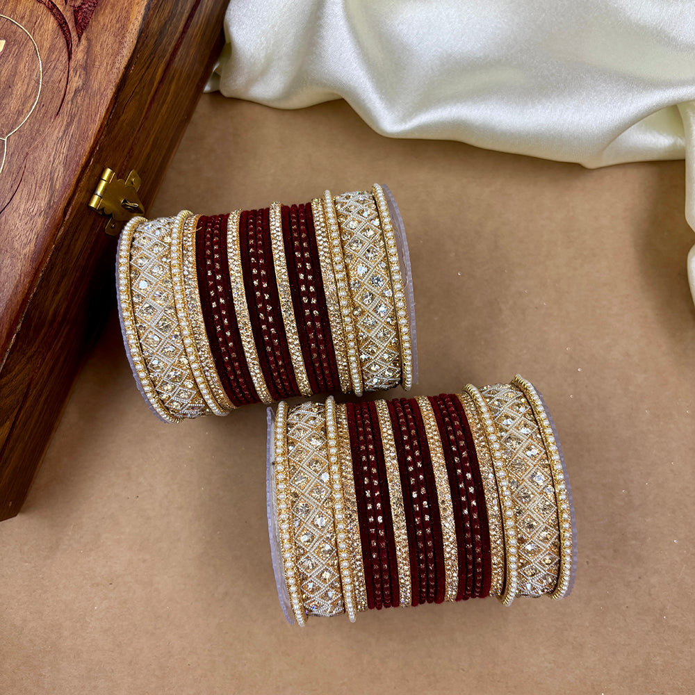 Wedding Chuda Gold Plated Austrian Stone And Pearl Bridal Bangles Set