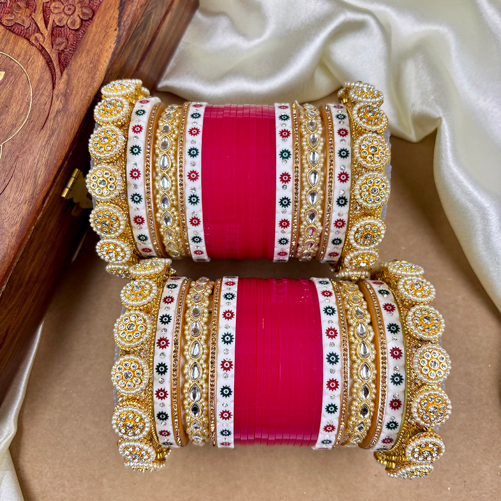 Wedding Chuda Gold Plated Kundan Stone And Pearl Acrylic Bangles Set