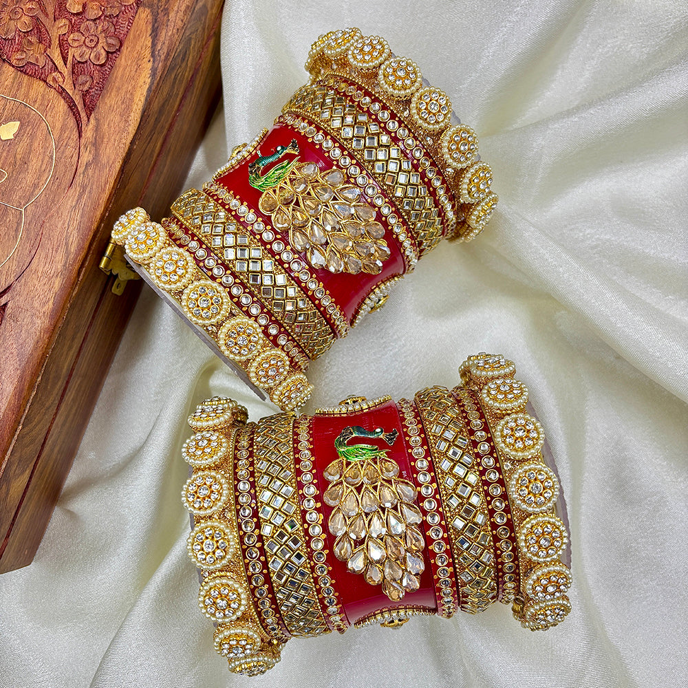 Wedding Chura Gold Plated Crystal Stone And Pearl Acrylic Bangles Set