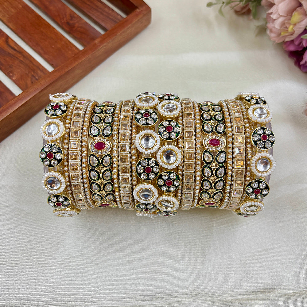 Wedding Chura Gold Plated Crystal And Pearl Bridal Bangles Set