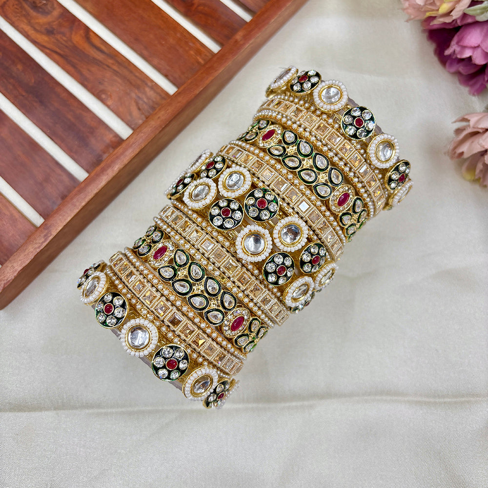 Wedding Chura Gold Plated Crystal And Pearl Bridal Bangles Set