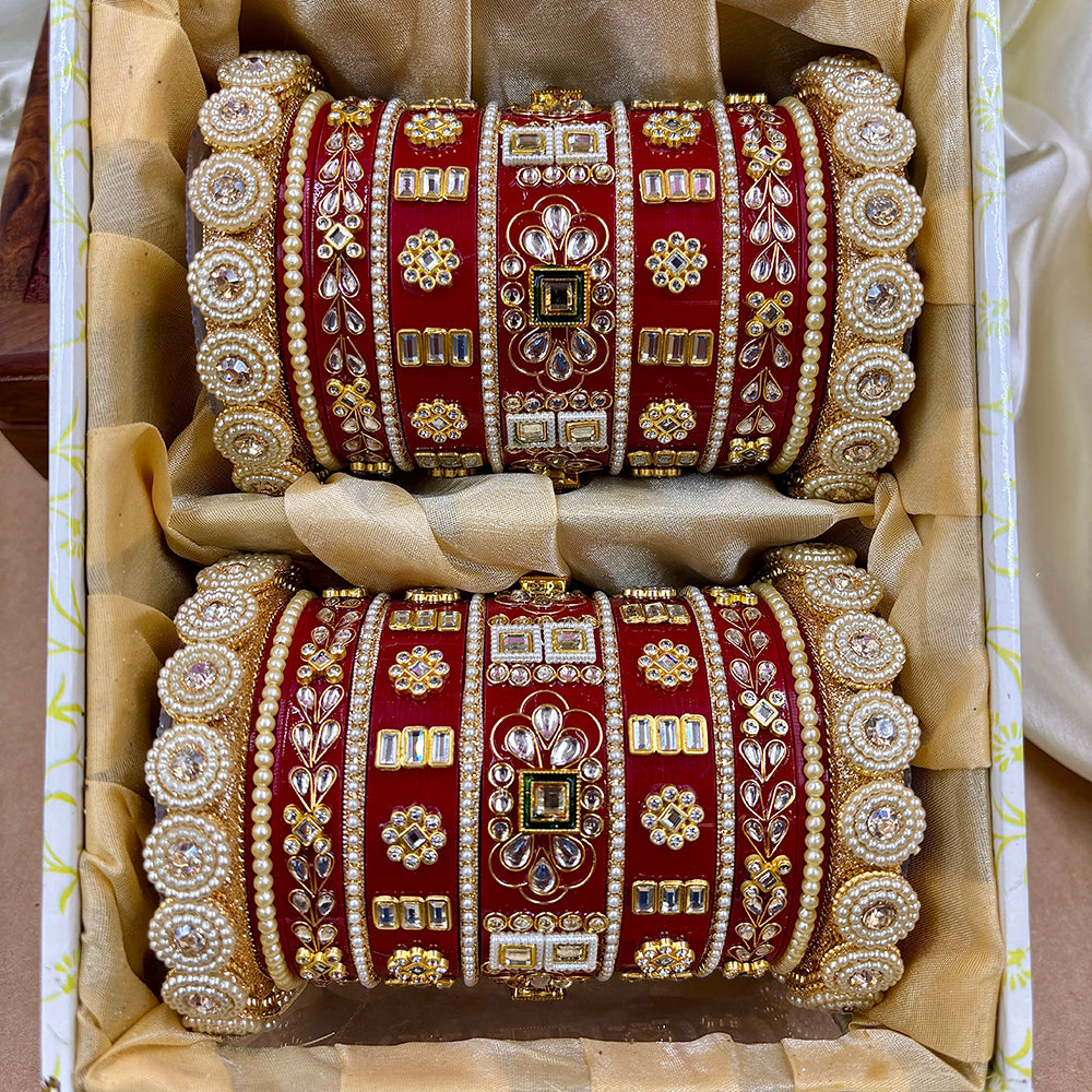 Wedding Chura Gold Plated Kundan Stone And Pearl Acrylic Bangles Set