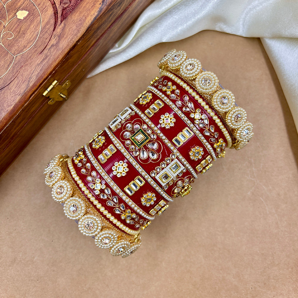 Wedding Chura Gold Plated Kundan Stone And Pearl Acrylic Bangles Set