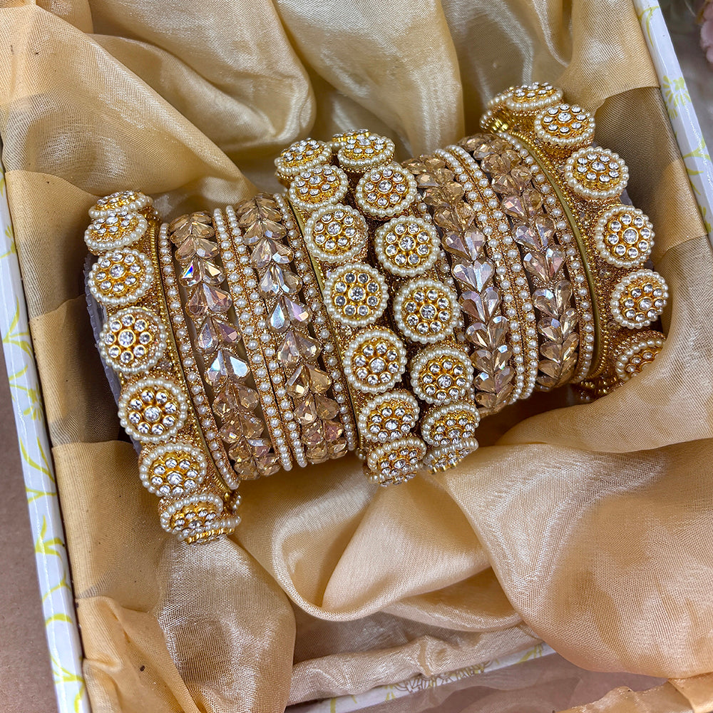 Wedding Chuda Gold Plated Crystal And Pearl Bangles Set