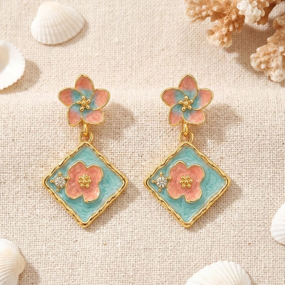 Etnico Fashion Gold Plated Anti Tarnish Pink & Blue Floral Design Drop Earrings with Simulated Stone for Women & Girls Lightweight Fashion Jewellery (WE007Mul)