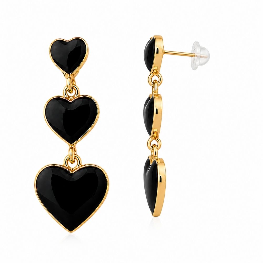 Etnico Fashion Gold Plated Anti Tarnish Triple Heart Design Drop Earrings with Black Enamel for Women & Girls Lightweight Fashion Jewellery (WE008B)