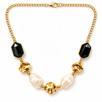 Etnico Fashion Gold Plated Anti Tarnish Faux Pearl & Black Stone Necklace for Women & Girls Stylish Fashion Jewellery (WN004FL)